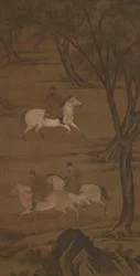 Tre ryttare som rider under pilar, 1400-talet.