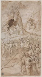 Tre scener från Kristi passion recto Architectural Sketch verso, 1500-talet.