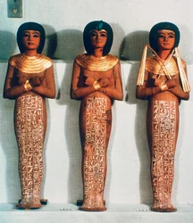 Tre Shabtis eller tjänare figurer, Tutankhamons begravningsobjekt, 18:e dynastin