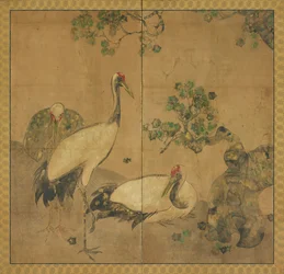 Tre tranor under ett träd, Edo-perioden, 1615-1868.