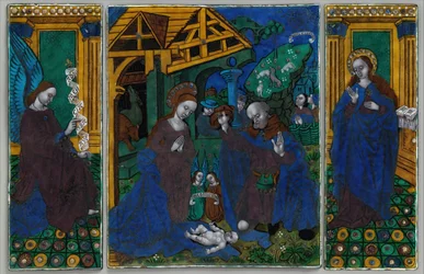 Tre plaketter från en triptyk med Herdarnas tillbedjan..., franska, tidigt 1500-tal.
