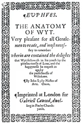 Titelsida av John Lylys Euphues eller The Anatomy of Wit, första upplagan, 1579, 1942.