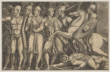 Trajanus Fighting the Dacians, Trajanus till häst till höger rider mot en grupp ..., ca. 1515-1600.