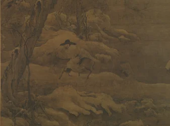 Resenärer i en vintrig skog, tidigt 1100-tal.