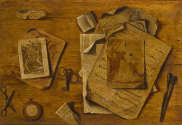 Trompe-lil med partitur, teckningar och nycklar, ca. 1800