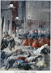 Trupper som försöker rensa gator under antijudiska upplopp, Alger, Algeriet, 1898