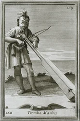 Trumscheit marintrumpet, gravyr från F. Bonannis bok Armonic cabinet, Rom, 1722, 1948