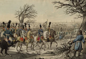 Tsar Alexander I och kung Fredrik Vilhelm III före trupperna, ca 1813