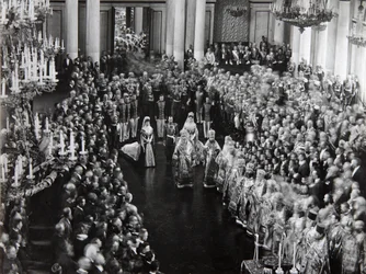 Tsar Nicholas II vid öppningsceremonin av den första duman, St Petersburg, Ryssland, 1906