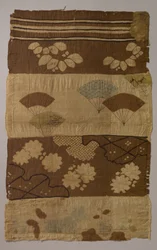 Tsujigahana-textil med horisontella ränder, blommande växter, fläktar, snöflingor..., ca. sent 16:e ce