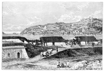 Turkiska batterier och inloppet till Bosporen vid Svarta havet, Turkiet, 1895
