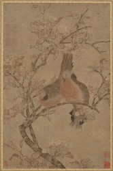 Två duvor på en blommande gren, 1300-1400-talet.