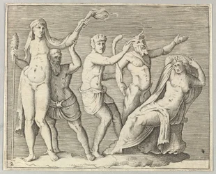 Två figurer, en faun och en satyr närmar sig en liggande kvinna, publicerad ca. 1599-1622.