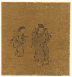 Två mansfigurer med en padda, Ming eller Qing dynasti, 1600-talet.