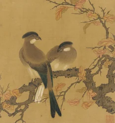 Två krönade fåglar på en gren, höstlöv, Qingdynastin, 1700-tal.