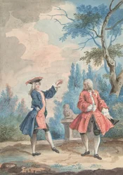 Två dansande mansfigurer i ett landskap, 1700-tal.