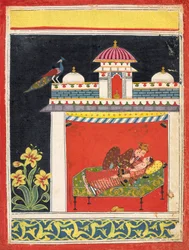 Två älskare i en paviljong, från en Amarushataka Hundra dikter av Amaru..., ca. 1680.