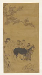 Två män och två hästar under en tall, Qingdynastin, 1700-tal.