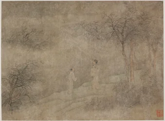 Två män som går i dimmig lund, Mingdynastin, 1368-1644.