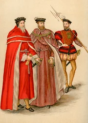Två jämnåriga i sina dräkter och en hellebardier, 1500-talet 1893
