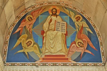 Ukraina, Sevastapol, St Vladimirs ortodoxa katedral (amiralernas gravvalv), fresk ovanför ingången