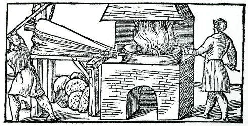 Använda bälg för att öka draget i en ugn, 1540