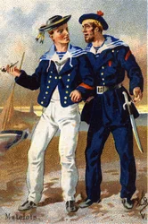 V: Sjömän. Gravyr i "Militäralfabetet". Illustratörens initialer: A. D. Okänd utgivare. Kromolitografier från slutet av 1800-talet. Mått: 10,5x7 cm.