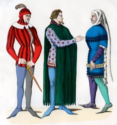 Betjänt och herrar i 1300-talsdräkt, 1882-1884