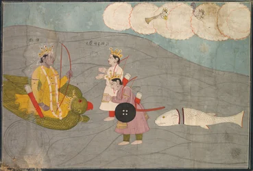 Vanasuras Sons Submit to Krishna: Scen från Aniruddha Usha-sektionen av Krishna Lila, ca. 1840.
