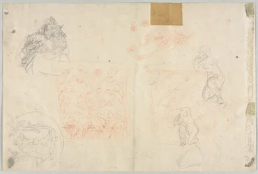 Olika skisser av figurer och växter verso, 1800-talet.