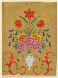 Vas med blomsterarrangemang och scrollwork, ca. 1750-1800.