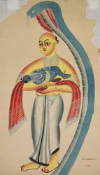 Vasudeva Krishnas far flyr med spädbarnet Krishna möter en kobra, 1800-talet.