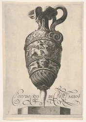 Fartyg med groteska masker, griffiner och en fris befolkad av en tjur och män i..., ca 1550-1600.