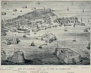 Utsikt och plan över ön och hamnen i Kronstadt, ca. 1850