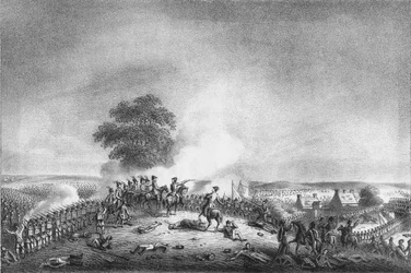 Utsikt från Mont St. Jean av slaget vid Waterloo...1815, c1816.