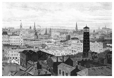 Utsikt från domen på lagdomstolen, Melbourne, Victoria, Australien, 1886