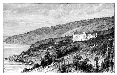 Utsikt på Krim: palatset Woronzow, Alupka, Ukraina, c1888