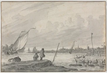 Utsikt över Alkmaar med båtar, 1600-tal.