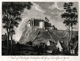 Utsikt över Edinburgh Castle, från Grey Friars Church Yard, 1700-talet