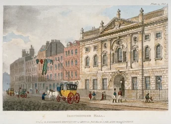 Utsikt över järnhandlarhallen och människor och en buss i Fenchurch Street, City of London, 1811