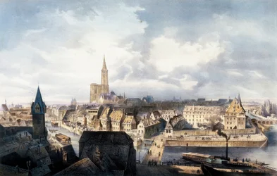 Vy över Strasbourg (Frankrike) från Saint Guillaume-tornet. Litografi i färger.