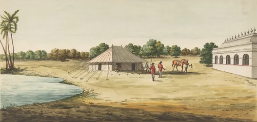 Vy över en Chaudézie i det inre av ett engelskt resetält, ca. 1828-30.