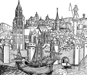 Utsikt över befäst stad, 1493