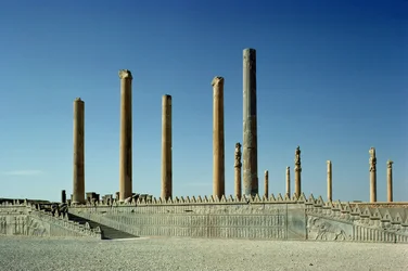 Utsikt över Apadana (publikens sal) kolumner och östtrappa, Achaemenian period, 500-talet f.Kr. (foto)