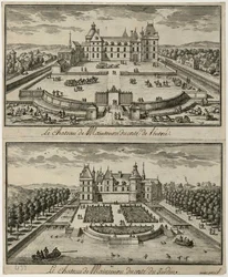 Utsikt över Château de Maintenon från entrén och från trädgården, 1600-talet.