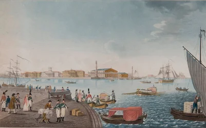 Utsikt över floden Neva och börsen i Sankt Petersburg, tidigt 1800-tal