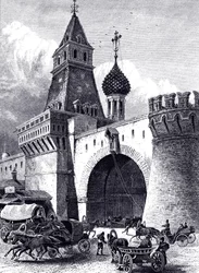 Utsikt över Nikolskaya-tornet och vapenhuset i Moskva, ca 1860