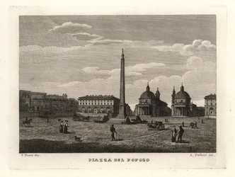 Utsikt över Piazza del Popolo, Rom, med forntida obelisk från Heliopolis, Egypten