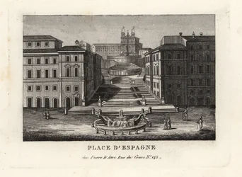 Utsikt över Piazza di Spagna, Fontana della Barcaccia, Båtfontänen och Scalinata di Trinita dei Monti, Spanska trappan, Rom
