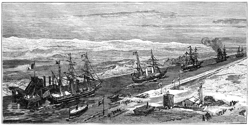 Utsikt över Suezkanalen, Egypten, 1900